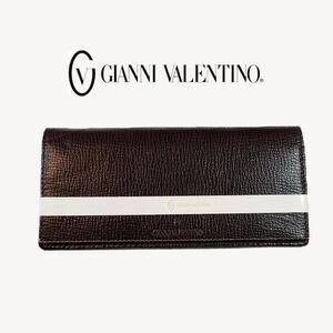 Gianni Valentino NEW Dark Brown & Taupe Luxury Leather Fold-Over Long Wallet